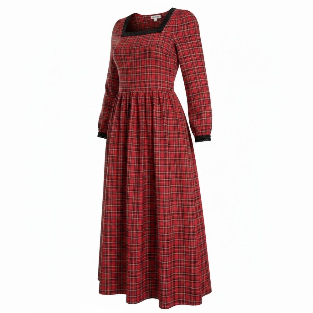 Sarah Elizabeth Plaid Midi Dress Sml Red Black Lace Trim Square Neck Puff Sleeve